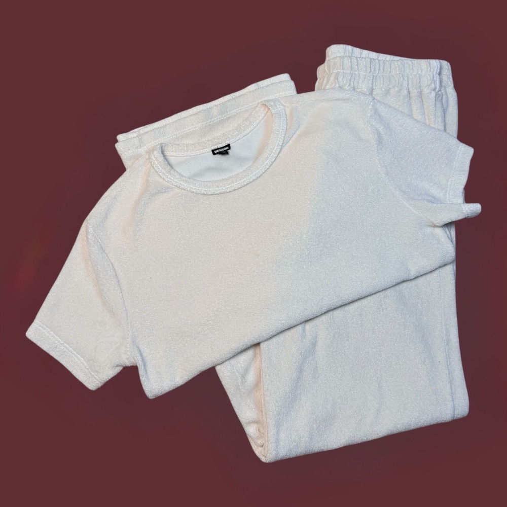Monrow Terry Lounge Set Women's XS Cream Short Sleeve Top‎ Pants Elastic Waist